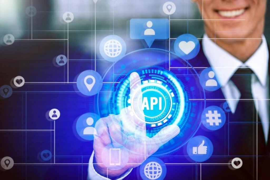 Businessman interacting with a glowing digital API interface surrounded by social media and user data icons, symbolizing server-side tracking and secure data integration