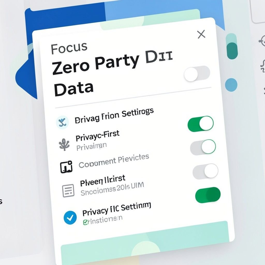 Interface popup titled 'Focus Zero Party Data' showing a list of privacy-first settings and toggle switches for user data control and tracking preferences

