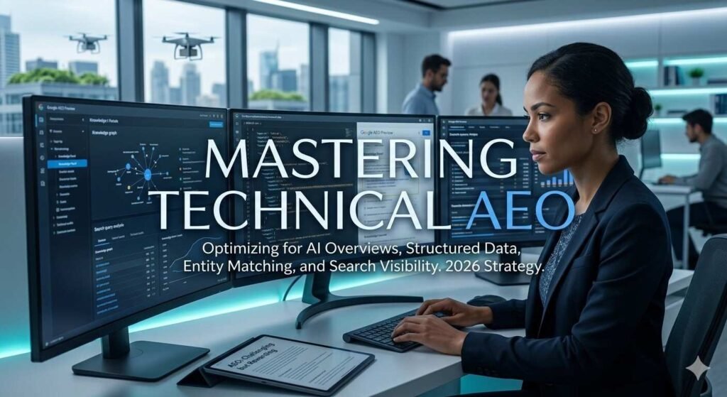 A professional woman in a modern office works on multiple computer monitors displaying "Mastering Technical AEO" in large text. The screen content includes data visualizations of entity matching and AI search optimization strategies for 2026
